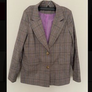 Nasty Gal Oversized Blazer Charcoal with purple, white, and blue plaid Size 4